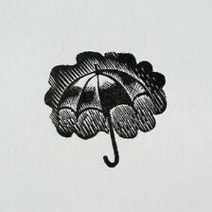 May include: A black and white illustration of an umbrella inside a cloud. The umbrella has a curved handle.