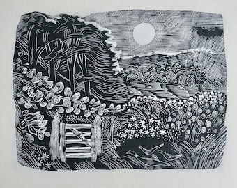 John O'Connor WENLOCK EDGE SHROPSHIRE Grabado original en madera Whittington Press Edición limitada