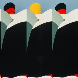 May include: A stylized art deco print featuring a repeating pattern of ocean liners. The ships have black hulls, white superstructures, and colorful smokestacks in red, yellow, and blue against a light blue background. The image evokes a sense of travel and vintage design.