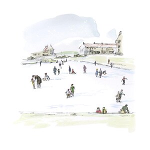 Beertje (Bea) Vonk 'Pattinaggio sullo stagno' Stampa su carta fatta a mano Zerkall. A4. Nevicare. Inverno. Pattinaggio sul ghiaccio.