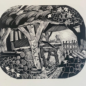 May include: Black and white woodcut print of a tree with a fence and a building in the background. The tree is in the foreground and has a thick trunk and branches. The fence is made of wooden planks and is in the middle ground. The building is in the background and has a roof and windows.