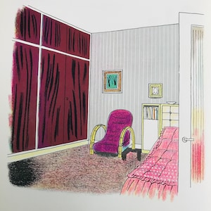 1954 LITOGRAFIA DI ROLAND COLLINS Camera da letto nell'appartamento dell'architetto W.S.Cowell Ltd Dimensioni del foglio 9,75x7 pollici.