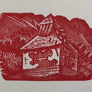 May include: A red woodcut print of a small, weathered house with a damaged roof. The house is surrounded by trees and bushes, and the sky is filled with rain.