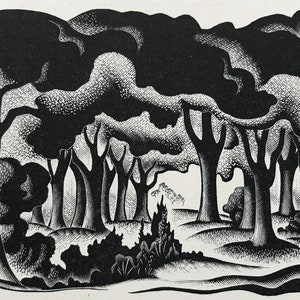 1936 AGNES MILLER PARKER Holzschnitt Waldbäume Landschaft Gedruckt bei Camelot Press ca.