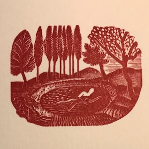 May include: A red woodcut print of a landscape with a pond, trees, and hills. The print is in a rustic style and features a simple, stylized design.