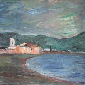 May include: An oil painting depicts a coastal scene with buildings, mountains, and water. The buildings are in shades of beige and pink, with a white tower. The water is blue, and the sky is a mix of gray and green. The artwork is signed in the bottom right corner.