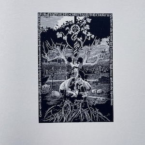 1997 サイモン・ブレット ゼルカル型紙に木版画。『ヤコブのはしごを植える』 ランパント・ライオンズ・プレス。セバスチャン・カーター。c4.25x3インチ