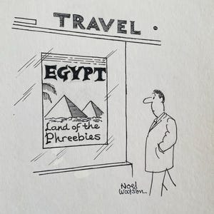 ALEX NOEL WATSON Dibujo de periódico original firmado en pluma y tinta 'Egipto' Viajes C.8.25x6 pulgadas.