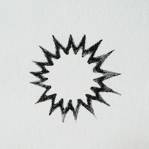 May include: A black and white illustration of a starburst shape with a jagged outline.