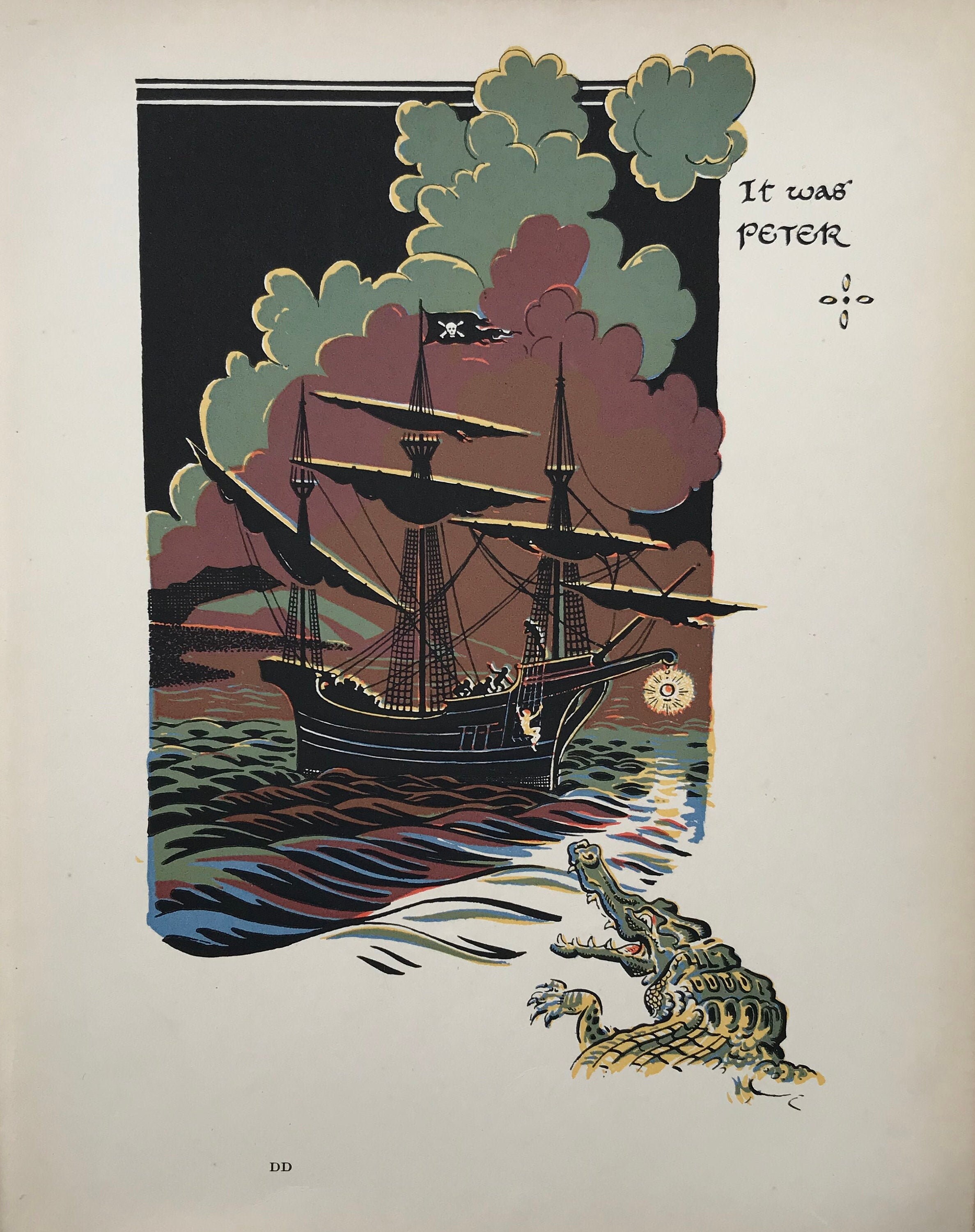 1931 GWYNEDD M.HUDSON 'peter Pan \u0026 Wendy'. Pirate Ship/jolly Roger/captain  Hook/crocodile/fairy. 'it Was Peter'. Sheet Size C.9.75x7.5ins.. - Etsy, image size:2375x3000