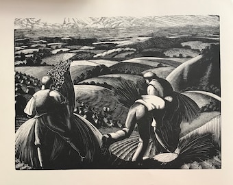 1933 CLARE LEIGHTON Large Wood Engraving &#39;August-Harvesting&#39; First Edition from Original Block Sheet Size C.14x11ins. Image 11x8.5ins.