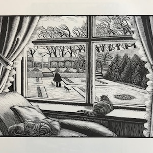 May include: A black and white illustration of a window with a view of a garden. A person is walking a dog in the garden. There are three cats sitting on a windowsill inside the house.