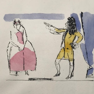 Puede incluir: Una ilustración en blanco y negro de dos personas con ropa de época. La mujer lleva un vestido rosa y el hombre lleva una chaqueta amarilla. El fondo es una acuarela de azul y morado.