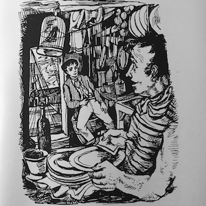 1949 JOHN MINTON Treasure Island R.L.Stevenson Jim Hawkins & Long John Silver van 'Image' Robert Harling op perkament basingwerk C.9x7ins..