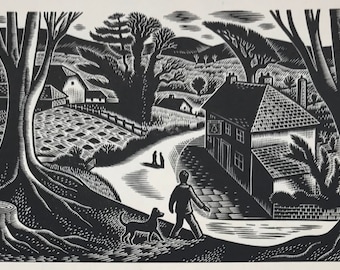 1950 GWENDA MORGAN Wood Engraving &#39;Country Scene&#39;. Printed on Basingwerk Parchment. Image Size c.5x3ins..
