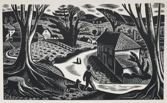 古い木版画19枚 1950年 グウェンダ モーガン 木版画「田舎の風景」。Basingwerk