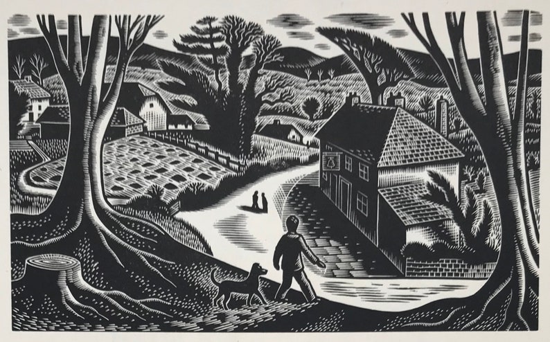 1950 GWENDA MORGAN Wood Engraving /'Country Scene/' Image Size c.5x3ins.. Printed on Basingwerk Parchment
