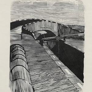 May include: A black and white woodcut print of a road winding through a tunnel. The road is lined with trees and the tunnel is made of stone.