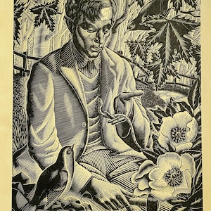 1950 LENNOX PATERSON Wood Engraving for 'The Roadmender' Man with Snake & Bird Glasgow School of Art Sheet Size 9.25x6.5ins.