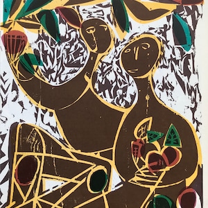 1959年 HAP GRIESHABER リトグラフ「秋」 鮮やかな色彩の木版画 彫刻 抽象的 モダニスト シートサイズ c.9x8インチ。