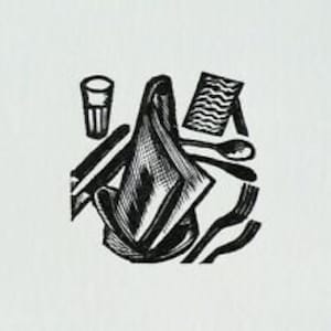 May include: Black and white woodcut print of a still life featuring a pitcher, a glass, a spoon, and a plate.