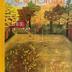 May include: A vintage illustration of a fall scene with children playing a game of rugby in a field. The illustration is in a cartoon style with a bright color palette. The text "THE NEW YORKER" is at the top of the image.