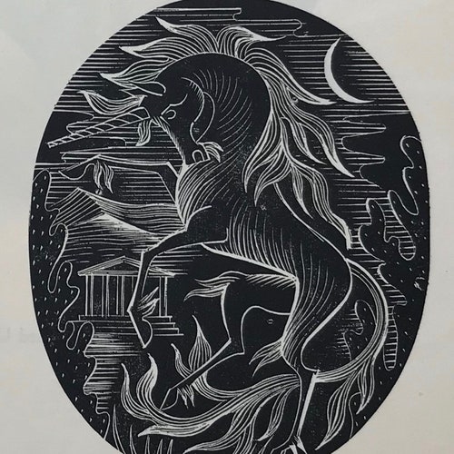 1950 JOHN FARLEIGH Gravure sur bois « La licorne » pour la Brewers' Society. Presse Shenval. Taille de la feuille : 3,5 x 3 pouces environ. Décoration moderne du milieu du siècle
