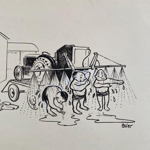 C.1960 'EDIE' W.J.EDWARDS Podpisany komiks piórem i tuszem. Ciągnik rolniczy, opryskiwacz, rozmiar arkusza ok. 11 x 7,5 cala.