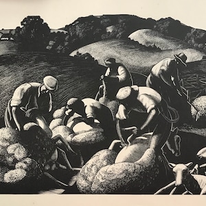1933 CLARE LEIGHTON Large Wood Engraving 'May-Sheep Shearing' First Edition from Original Block Sheet Size C.14x11ins. Image 11x8.5ins.