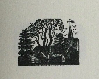 Eric Ravilious (1903-1942) Original Woodcut Printed from 1932 Block Trees Landscape Church Village Mid Century Modern Decor Wall Art