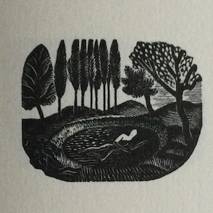 May include: Black and white woodcut print of a landscape with a pond, trees, and a figure swimming in the water.