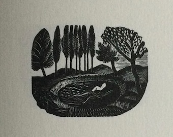 Eric Ravilious (1903-1942) Original Woodcut Printed from 1932 Block Flower Plant Trees Poplars Dewpond Pond