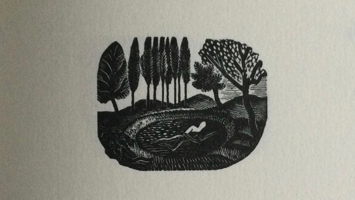 Eric Ravilious (1903-1942) Original Woodcut Printed from 1932 Block Flower Plant Trees Poplars Dewpond Pond