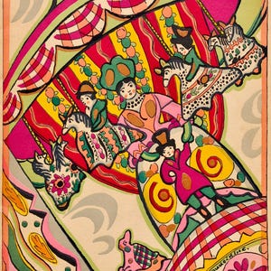May include: Colorful vintage illustration of a circus scene. The artwork features figures riding carousel horses, set against a backdrop of vibrant red, yellow, and pink patterns. The style is reminiscent of early 20th-century art.