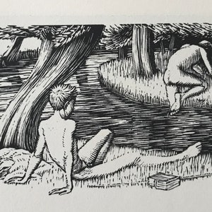 GWEN RAVERAT 'En pojksång' Träsnitt tryckt från originalet i lövträ från 1932. Ca 10x6 cm med kant, modern dekor i mitten av århundradet