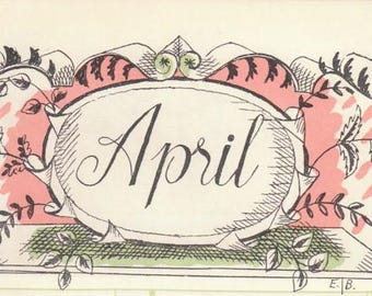 1930 EDWARD BAWDEN 'APRIL' Hand-coloured Pochoir Illustration. Salmon-pink, Light Green & Cross-hatched Black. Curwen Press. c.5x3ins.