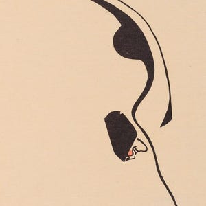 May include: Abstract black and red line art on a beige background. The artwork features a curved, elongated shape with a rounded top and a smaller, angular form at the bottom, with a small red detail.