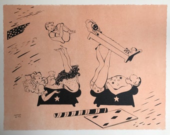 1944 SERGE CIRCUS LITHOGRAFIE 'Panorama du Cirque' Beperkte oplage Acrobat Antipodist Grote circustent Piano Circusring Showmensen Ca. 11,75 x 9,5 inch.