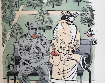 1930 EDWARD BAWDEN 'Adam & Evelyn at Kew' Original Hand-Coloured Pochoir Illustration 'The Pagoda' Mid Century Modern Decor Wall Art