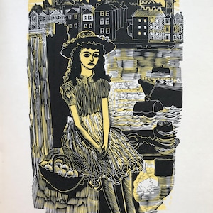 1959年 ジョン・オコナー オリジナル版木版画「メアリー・カウンティ・カーロウ、ウォーターフォードからキルケニー」グロブナー・リソ紙 シートサイズ C.10x7インチ