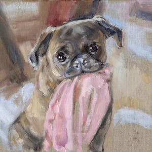 Beertje (Bea) Vonk 'PUG' Stampa su carta fatta a mano Zerkall. A4. Pittura del cane.