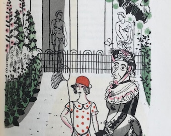 1930 EDWARD BAWDEN 'Adam & Evelyn at Kew' Originele handgekleurde pochoirillustratie 'King William's Temple'. Moderne inrichting uit het midden van de eeuw