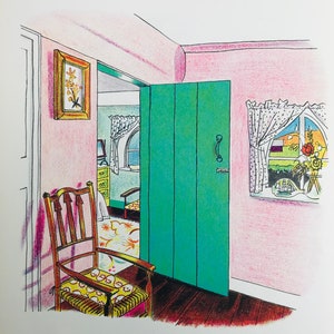 1954 ROLAND COLLINS LITOGRAFIA Camera da letto in stile fattoria W.S.Cowell Ltd Dimensioni foglio 9,75x7 pollici.