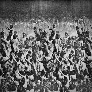 May include: Black and white artwork depicting a crowd of people in a chaotic, yet unified, scene. The image is a collage of figures, some with arms raised, creating a sense of movement and energy. The overall effect is a textured, grainy composition.