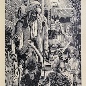 1950 LENNOX PATERSON Wood Engraving for 'The Roadmender' Man, Monkey & Children Glasgow School of Art Sheet Size 9.25x6.5ins.