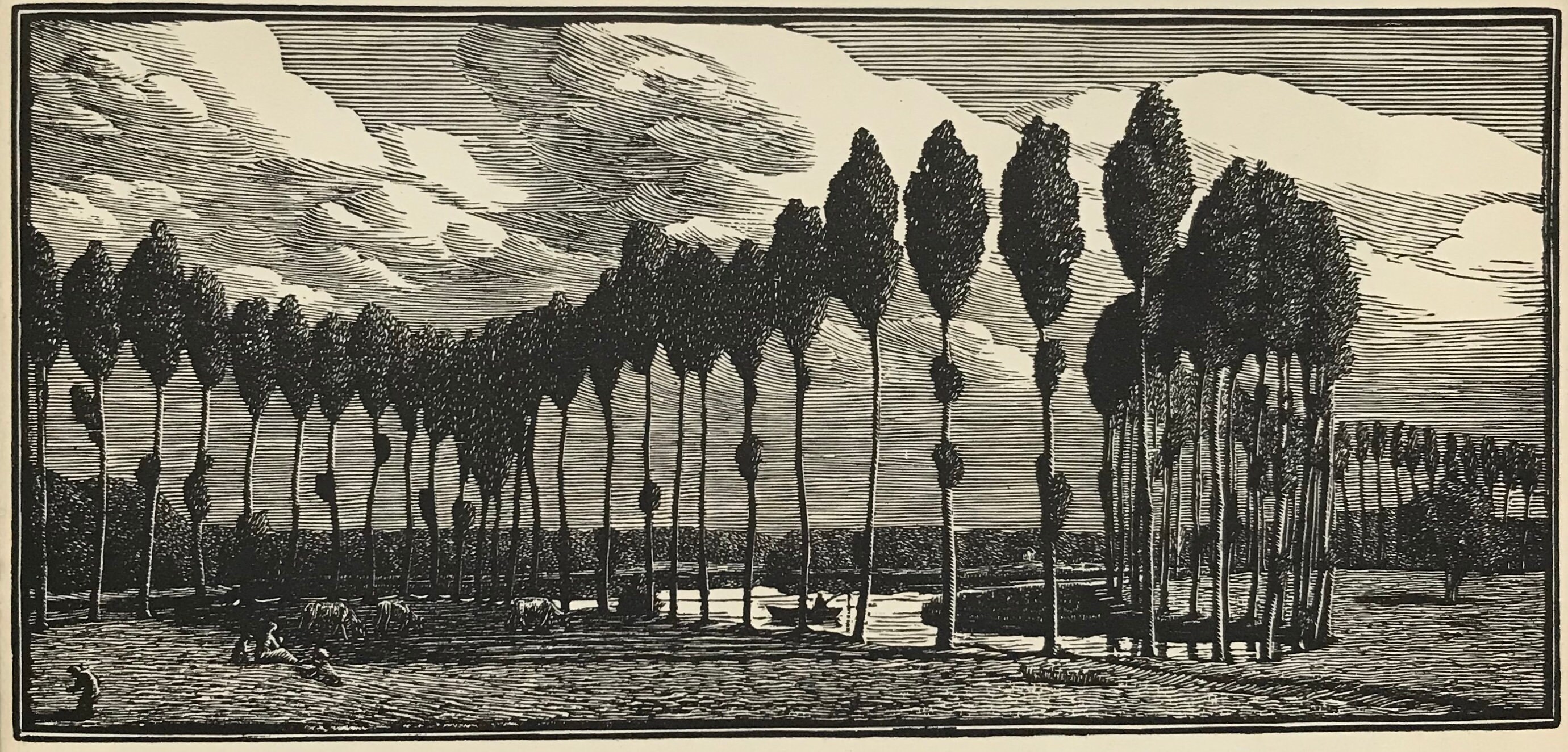 GWEN RAVERAT 'Poplars' Wood Engraving Printed from the Original Block. Trees. Landscape. River. Image Size 7x3.25ins