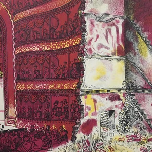 May include: A vintage illustration depicting a theatre stage with red velvet curtains and ornate gold trim. The stage is partially obscured by a crumbling brick building with a faded sign. The illustration is in a painterly style with a mix of red, yellow, and black colours.