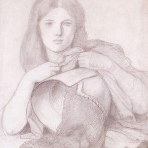 May include: A pencil sketch of a young person with long hair, holding a piece of armor. The armor appears to be a breastplate with chainmail. The person is wearing a long-sleeved garment.