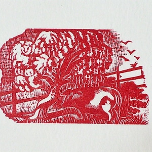 May include: Red woodcut print of a cow standing in a field with trees and a fence in the background. The print is in a rustic style and has a vintage feel.