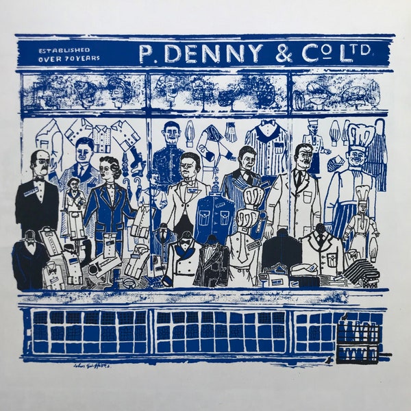 1959 JOHN GRIFFITHS LITHOGRAPH Shop Front Penny and Co. Dean Street Soho Catering Supplies Chef Cafe Waiter Uniforms Sheet Size c. 9x8ins.